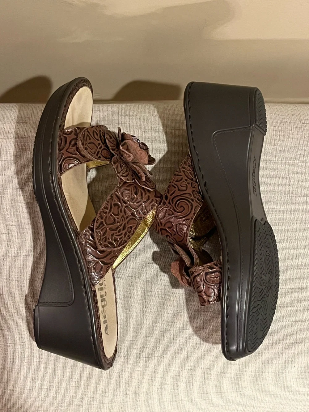 Alegria Brown Floral Laser-Cut Slide Wedge Sandals with Rosette, EU 38